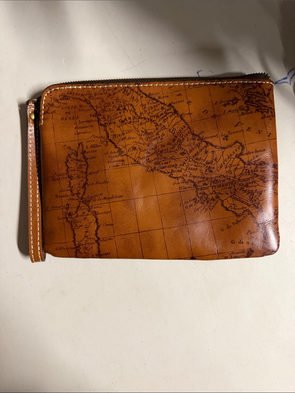Patricia Nash Tan Cognac Map-Print Leather Zip Wristlet